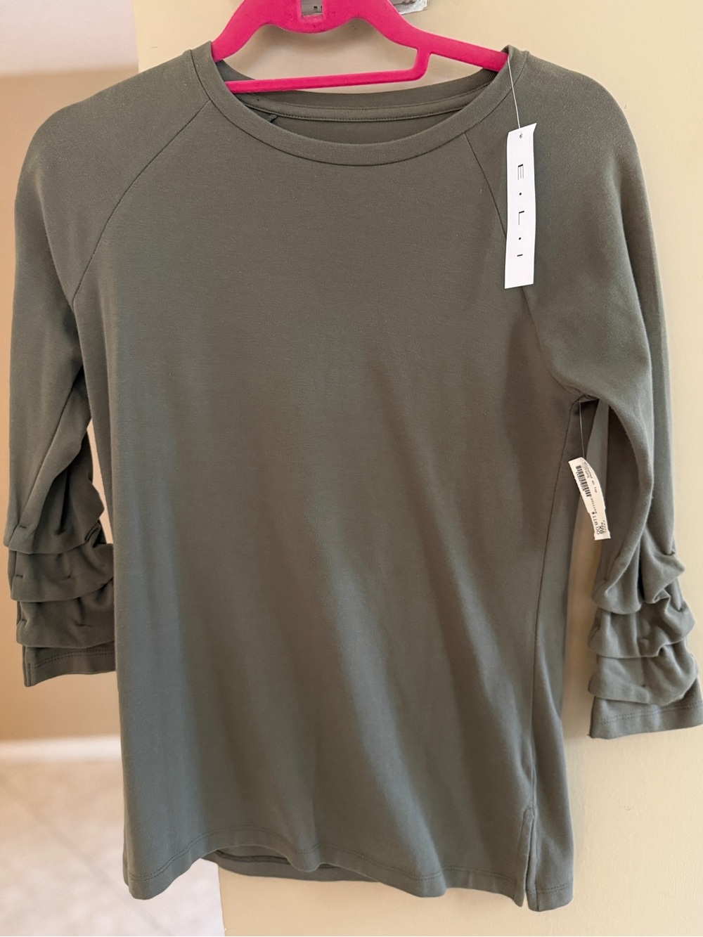 ELI Olive Green Ruffle Sleeve Long Sleeve Tee